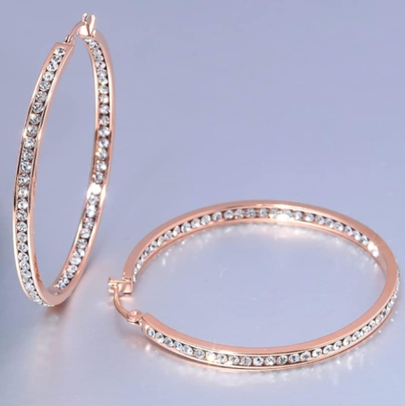Rose Gold Clear Stone Rhinestone Hoop Earrings Sparkle CZ Crystal Channel Hoops - Picture 8 of 8